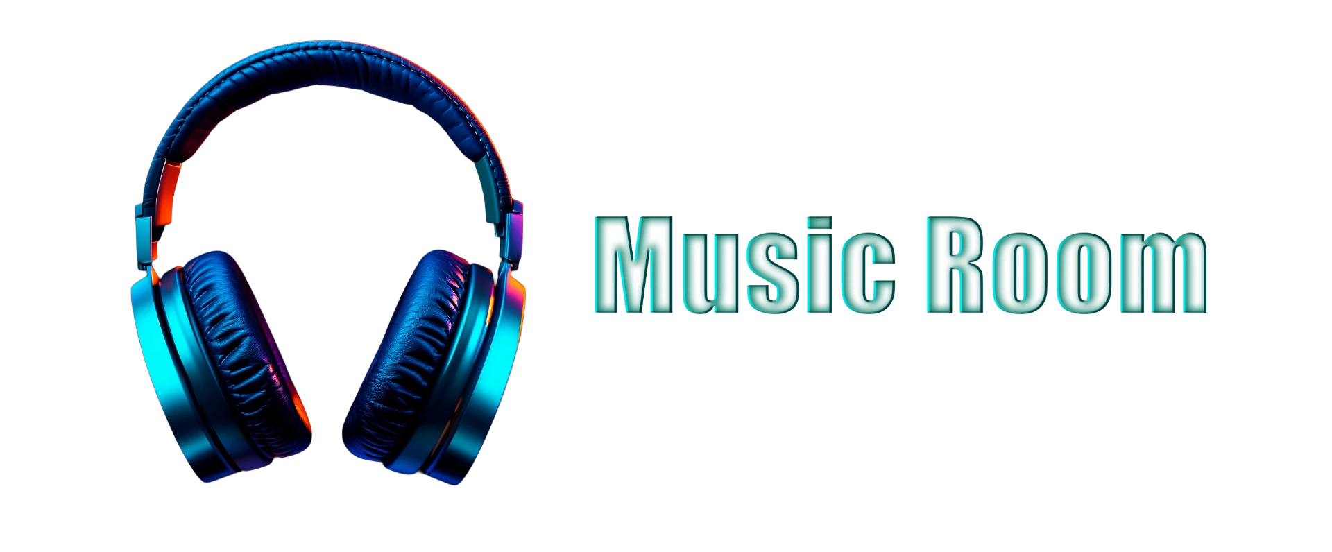 Music Room — glowing teal headphones beside the words Music Room