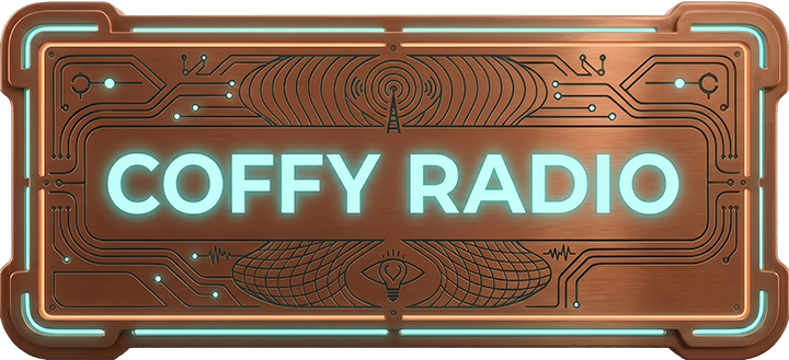 Coffy Radio sign plaque: a brushed copper plate with glowing cyan lettering, an etched radio tower above and a lightbulb eye below