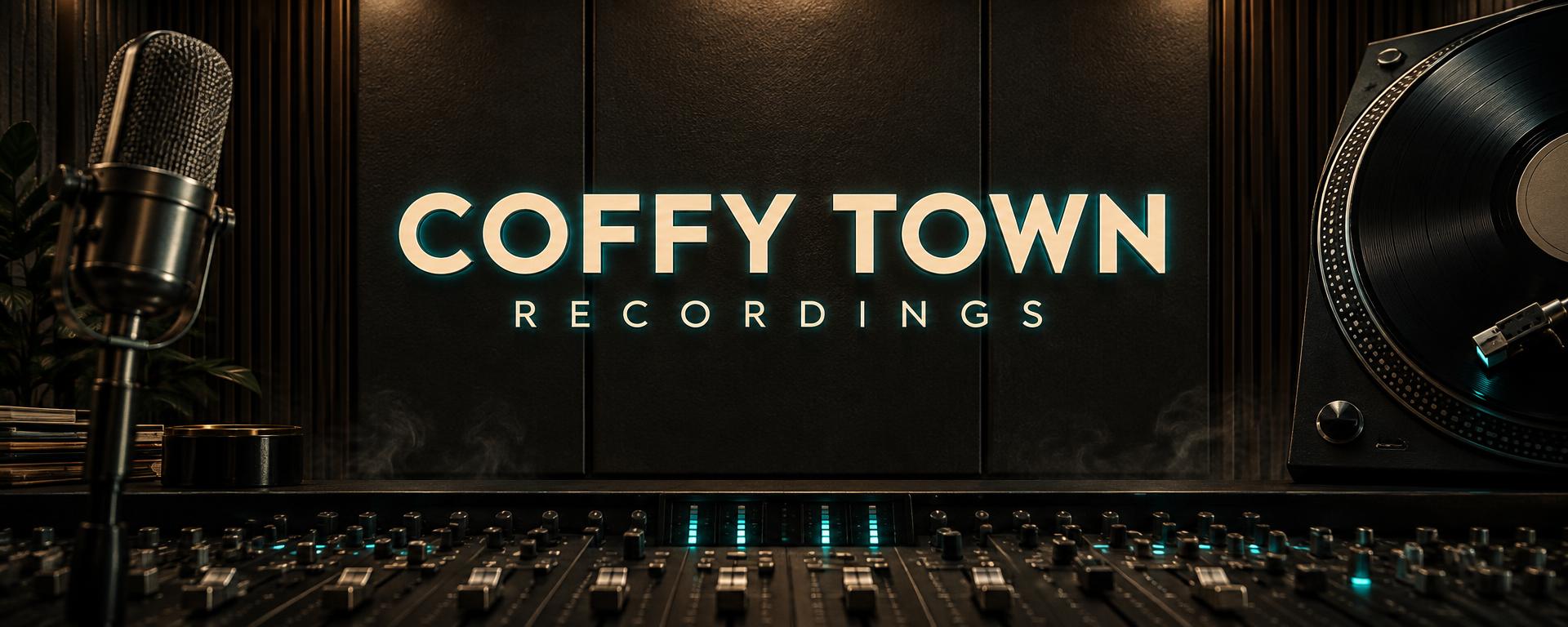 Coffy Town Recordings — illuminated studio lettering between a microphone and vinyl record